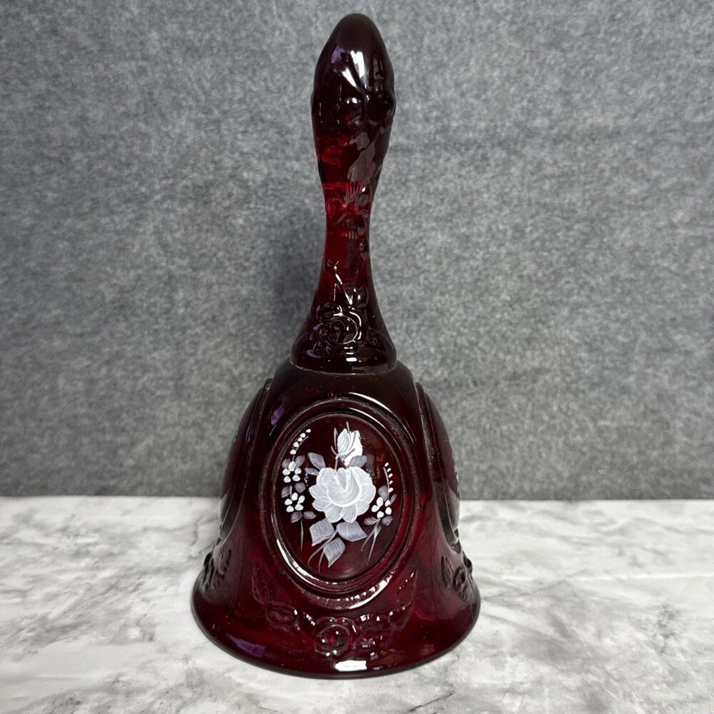 Beautiful Vintage Fenton Ruby Red Hand Painted Glass Bell Signed Freda 6.5”